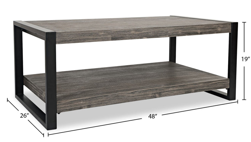 Table à café moderne Apex 48 po avec tablette - grise avec pattes en métal noir