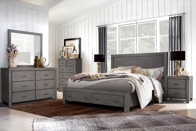 Ensemble de chambre à coucher Koda 6 pièces en bois avec lit de rangement, commode, miroir et table de nuit, gris - format très grand lit