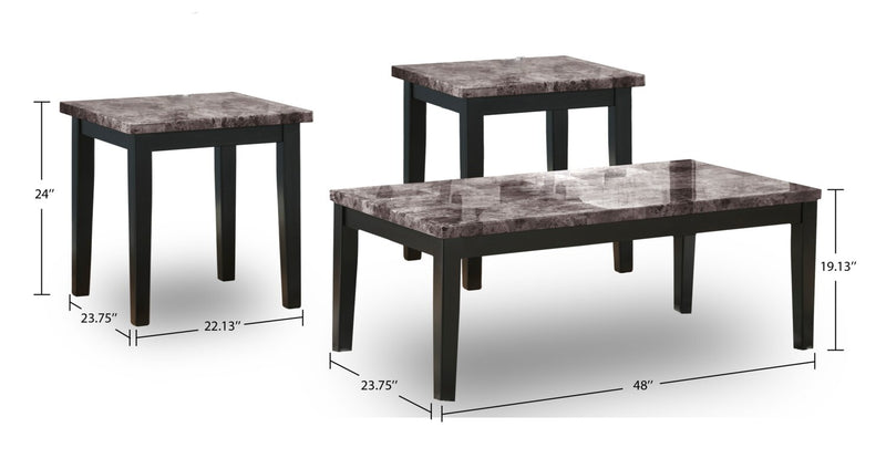 Ensemble 3 tables modernes Maysville de 48 po (table à café et 2 tables de bout) - dessus en imitation de marbre avec pattes en bois