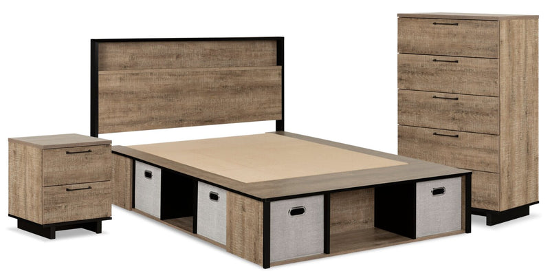 Ensemble lit plateforme Everley 5 pièces avec tête de lit à panneau, commode verticale et table de nuit, deux couleurs - format lit double