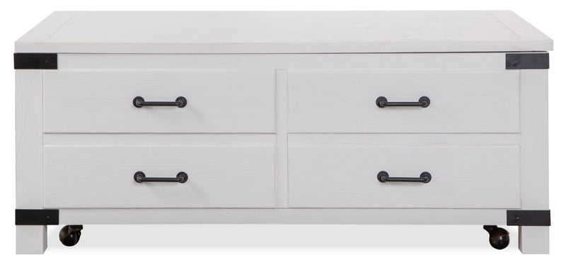 Table à café moderne Harper de 50 po avec dessus relevable, rangement et roulettes - pin blanc