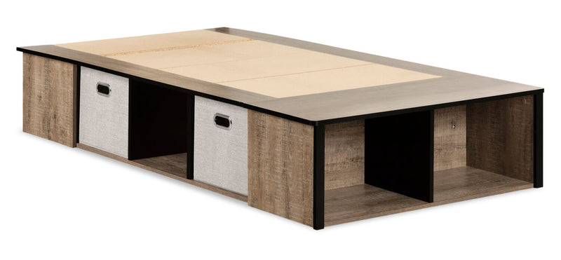 Lit plateforme Everley avec rangement et paniers intégrés, chêne vieilli et noir mat - format lit simple