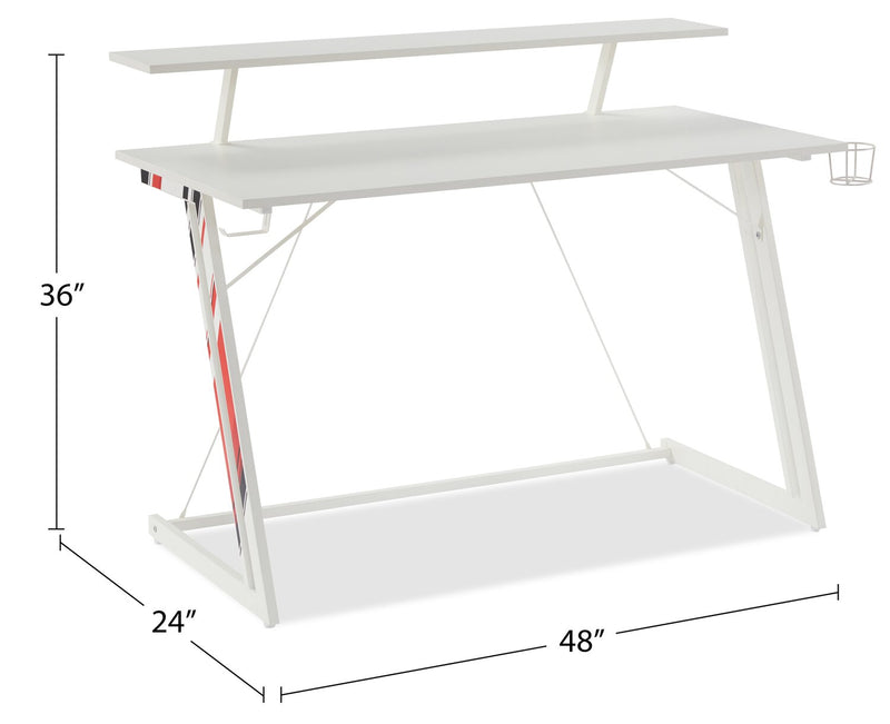 Bureau de jeu Sparta de 48 po avec tablette surélevée pour moniteur - blanc avec touches de noir et de rouge