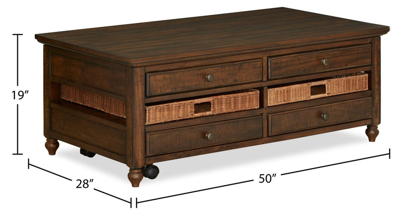 Table à café rustique Cottage Lane de 50 po avec dessus relevable et rangement - bois brun foncé