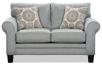  Causeuse Tula de 65 po fabriquée au Canada en tissu avec accoudoirs enroulés et coussins décoratifs - gris brume