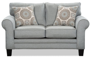Causeuse Tula de 65 po fabriquée au Canada en tissu avec accoudoirs enroulés et coussins décoratifs - gris brume 
