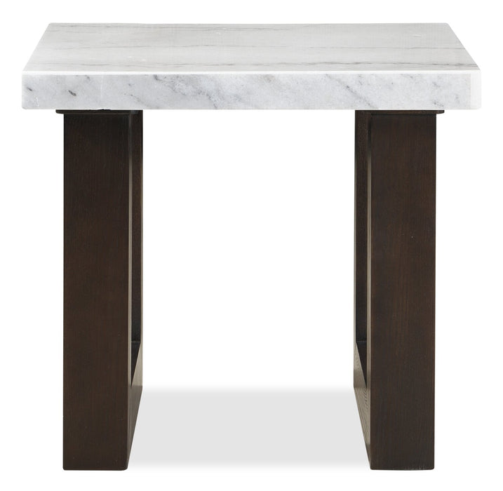 Table de bout moderne Silvia de 22 po - imitation de marbre blanc et gris avec pattes en bois brun