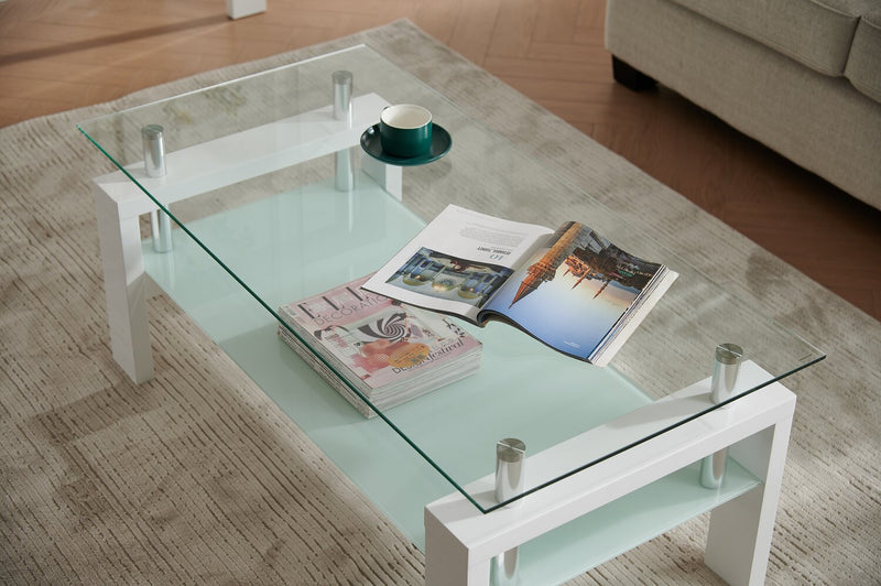 Table à café moderne Harvy de 47,25 po avec dessus en verre et tablette - blanche 