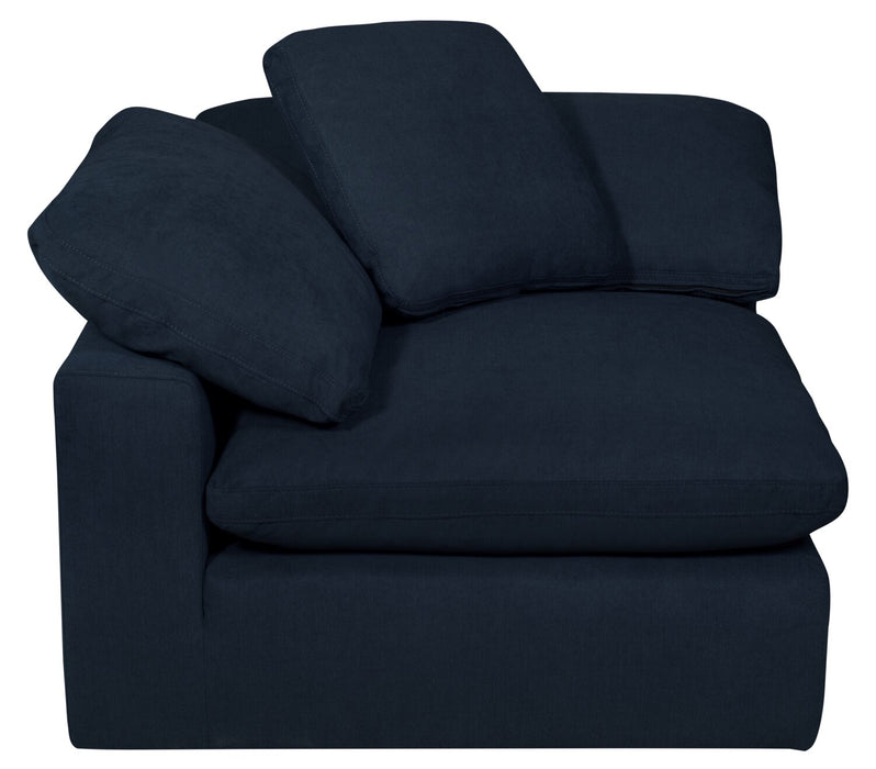 Fauteuil modulaire en coin Eclipse de 43 po en tissu d’apparence lin avec coussins réversibles en duvet et plumes - bleu marine