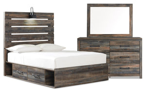 Ensemble de chambre à coucher Abby 5 pièces avec lit de rangement latéral, commode, miroir, lumière DEL et port USB, brun - format lit double