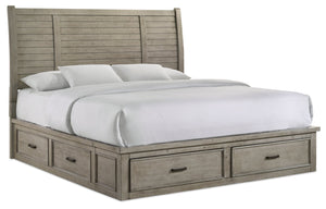 Lit plateforme de rangement Levi en bois avec tête de lit et cadre de lit, gris bois de grève - format très grand lit