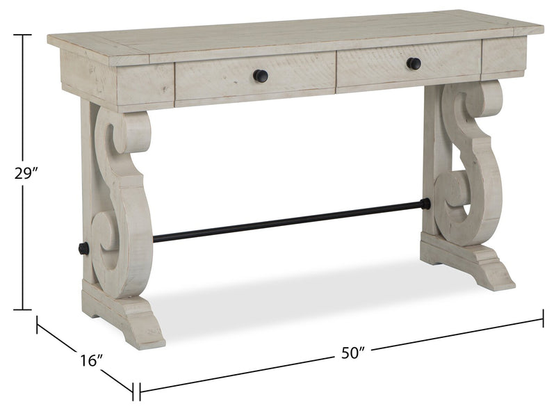 Table de salon traditionnelle Bronwyn de 50 po avec rangement - pin albâtre avec base en bois à volutes