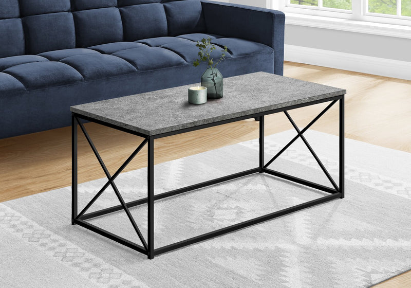 Table à café moderne Millie de 40,5 po - imitation de pierre grise avec base en métal noir