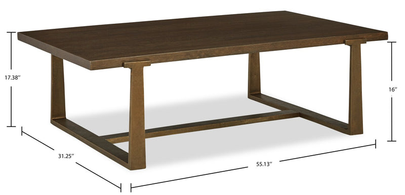 Table à café contemporaine Terza de 55,13 po - dessus en bois brun foncé avec pattes en métal bronze