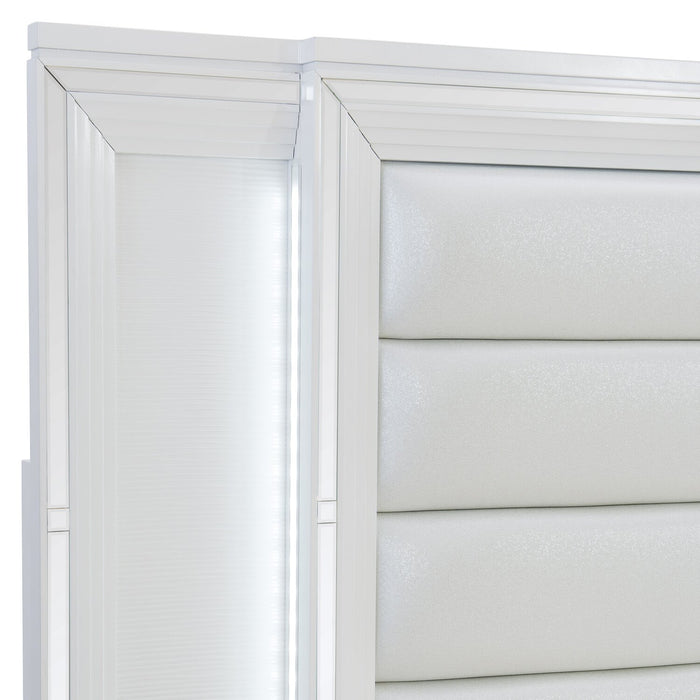 Ensemble de chambre à coucher Max 5 pièces somptueux avec lit de rangement, commode, miroir et éclairage à DEL, blanc - format très grand lit