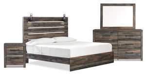 Ensemble de chambre à coucher Abby 6 pièces avec lit à panneau, commode, miroir, table de nuit, lumière DEL et port USB, brun - format très grand lit