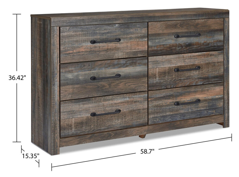 Ensemble de chambre à coucher Abby 6 pièces avec lit à panneau, commode, miroir, table de nuit, lumière DEL et port USB, brun - format très grand lit