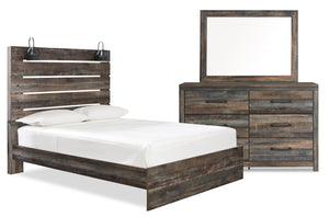 Ensemble de chambre à coucher Abby 5 pièces avec lit à panneau, commode, miroir, lumière DEL et port USB, brun - format grand lit