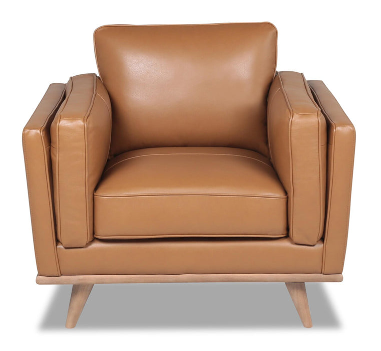 Fauteuil Vivia de 40 po en cuir véritable avec coussin de siège amovible et base en bois - brun caramel