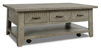 Table à café rustique Colson de 50 po avec rangement, tablette et roulettes - bois de grève