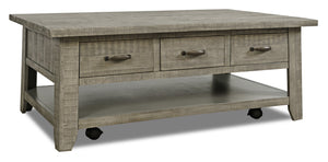 Table à café rustique Colson de 50 po avec rangement, tablette et roulettes - bois de grève 