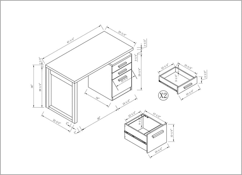 Bureau réversible Oscar de 47 po à 3 tiroirs - blanc