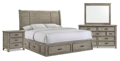 Levi 6pc Bedroom Set with Storage Bed, Dresser, Mirror & Nightstand, Wooden, Drift Grey - King Size | Ensemble de chambre à coucher Levi 6 pièces en bois avec lit de rangement, commode, miroir et table de nuit, gris bois de grève - format très grand lit