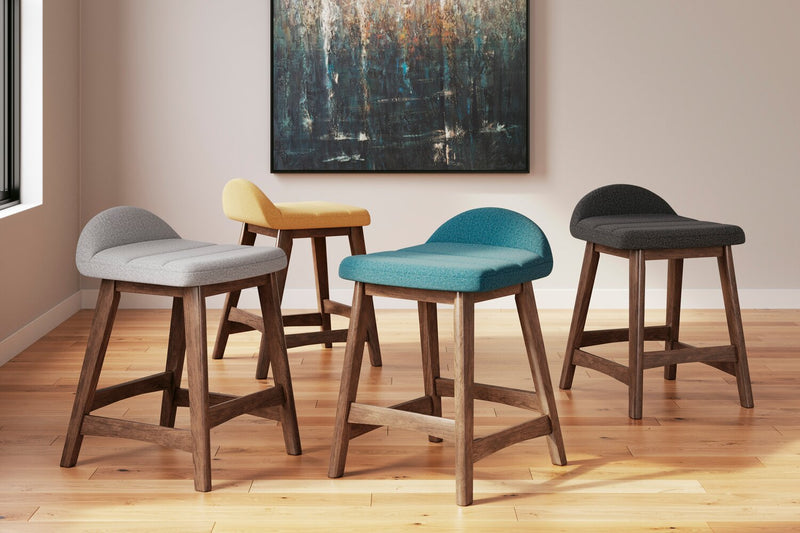 Tabouret Jovi de hauteur comptoir en tissu d’apparence lin et en bois - bleu