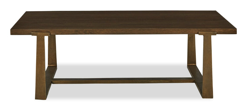 Table à café contemporaine Terza de 55,13 po - dessus en bois brun foncé avec pattes en métal bronze