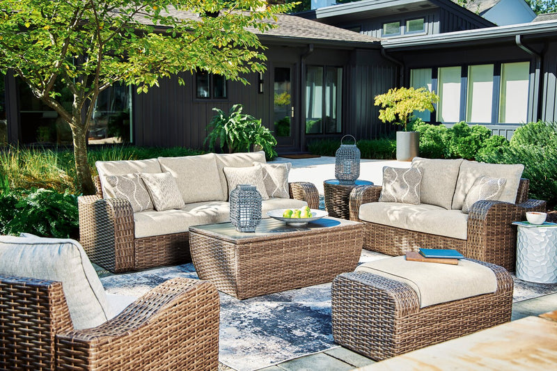Grand pouf Cali pour la terrasse à l’extérieur - osier en résine et tissu Nuvella, résistant aux rayons UV et aux intempéries - brun et beige