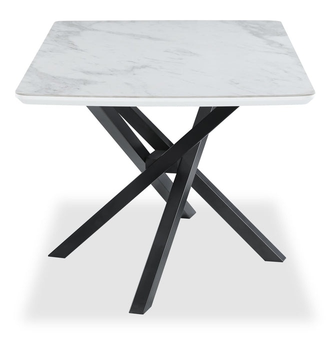 Table de salle à manger Bari de 63 po (L) avec dessus en céramique d’apparence marbre et base géométrique en métal - blanche