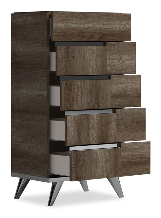 Commode verticale de chambre à coucher Gino à 5 tiroirs - fabriquée en Italie, 25 po (L) x 49 po (H) - brune