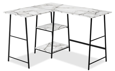 Evlin 42" L-Shaped Office Desk with Shelves - White Marble-Look|Bureau en forme de L Evlin de 42 po à tablettes - apparence marbre blanc