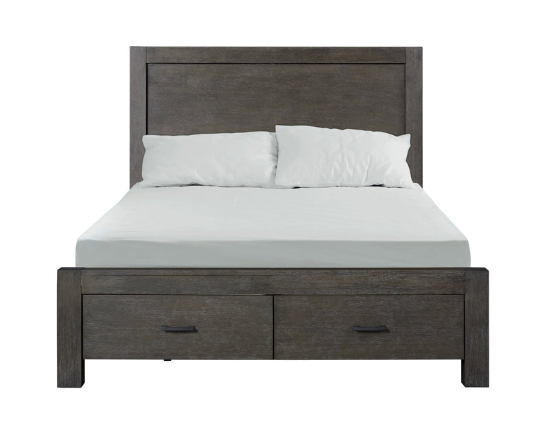 Ensemble de chambre à coucher Koda 5 pièces en bois avec lit de rangement, commode et miroir, gris - format grand lit