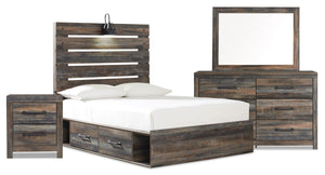 Ensemble de chambre à coucher Abby 6 pièces avec lit de rangement latéral, commode, miroir, table de nuit, éclairage à DEL et port USB, brun - format lit double