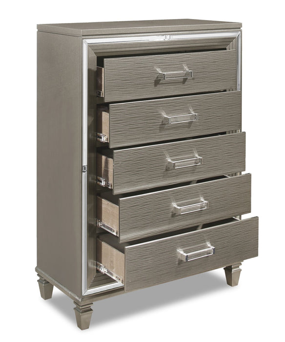 Commode verticale somptueuse Max de 38 po (L) x 54,3 po (H) à 5 tiroirs pour la chambre à coucher - argentée