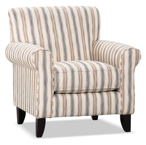 Fauteuil d’appoint Wynn de 36 po fabriqué au Canada en tissu d’apparence lin avec accoudoirs enroulés et pattes en bois - rayures multicolores