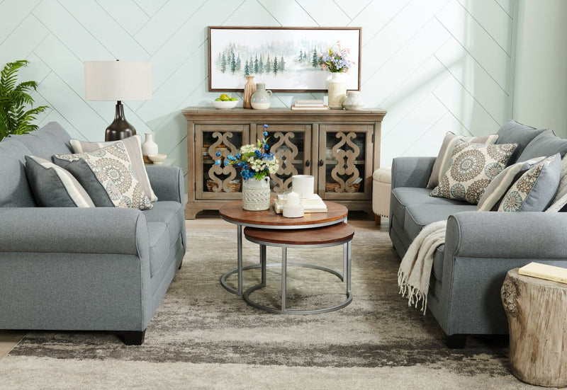Sofa Tula de 88 po fabriqué au Canada en tissu avec accoudoirs enroulés et coussins décoratifs - gris acier