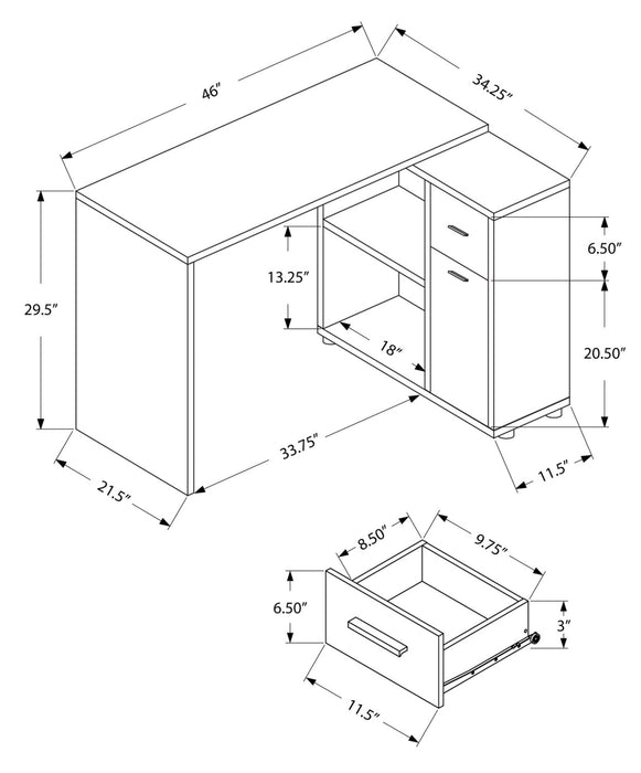 Bureau d’ordinateur en forme de L Bristol de 46 po avec tablettes, tiroir et armoire - gris