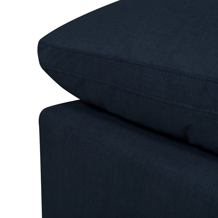 Sofa sectionnel modulaire Eclipse 6 pièces en tissu d’apparence lin avec poufs et coussins réversibles en duvet et plumes - bleu marine