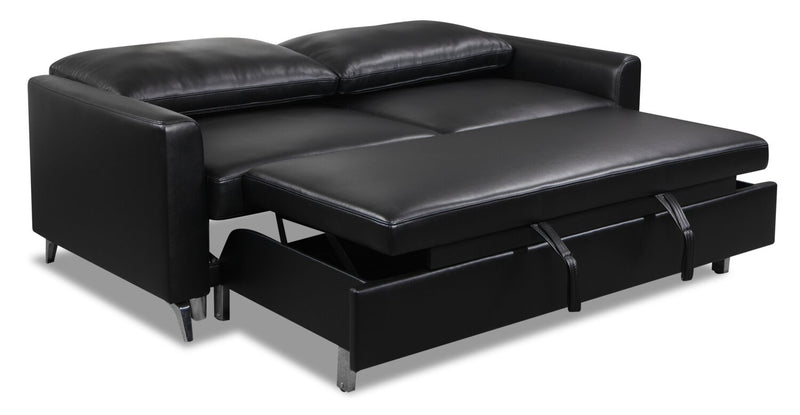 Sofa-lit Wilson de 77,5 po en tissu d’apparence cuir avec coussins de dossier rabattables et pattes en métal - noir