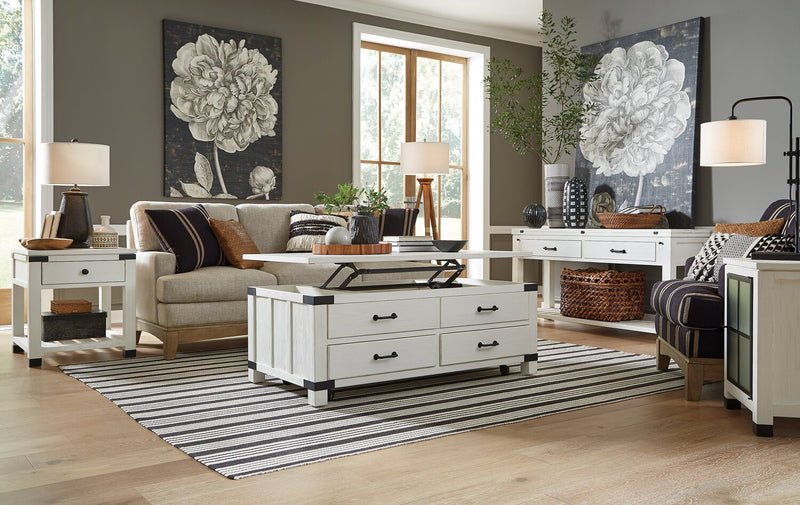 Table à café moderne Harper de 50 po avec dessus relevable, rangement et roulettes - pin blanc