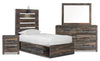 Ensemble de chambre à coucher Abby 6 pièces avec lit de rangement latéral, commode, miroir, table de nuit, lumière DEL et port USB, brun - format lit simple