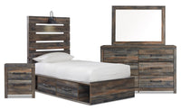  Ensemble de chambre à coucher Abby 6 pièces avec lit de rangement latéral, commode, miroir, table de nuit, lumière DEL et port USB, brun - lit simple