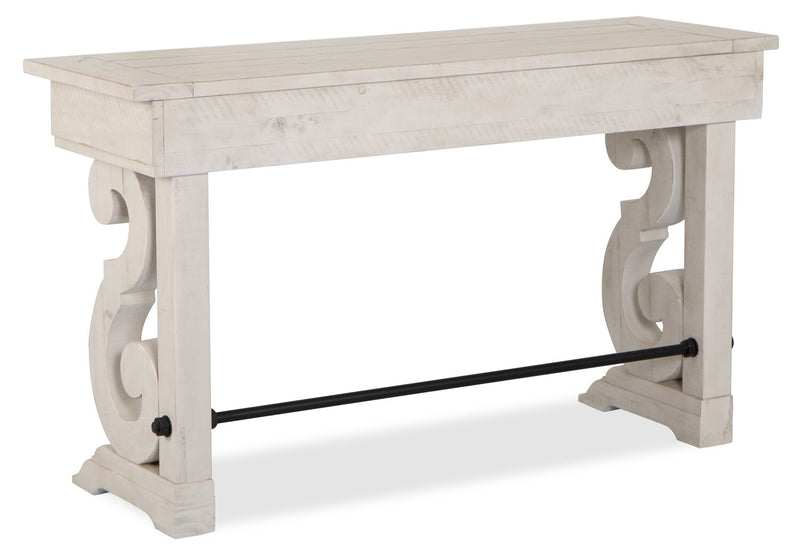 Table de salon traditionnelle Bronwyn de 50 po avec rangement - pin albâtre avec base en bois à volutes