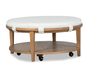 Table à café ronde moderne Rhett de 38 po avec tablette et roulettes - bois brun clair avec coussin blanc