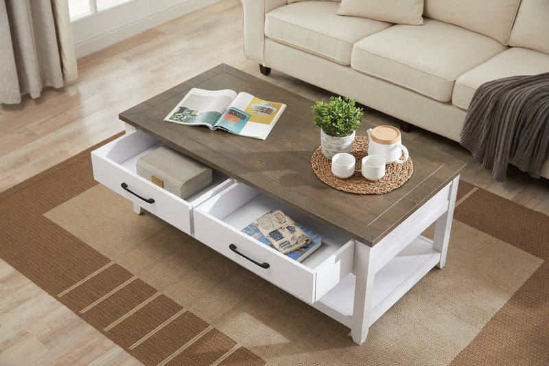 Table à café traditionnelle Logan de Kort & Co. de 23,25 po avec rangement et tablette - blanche et chêne noyer 
