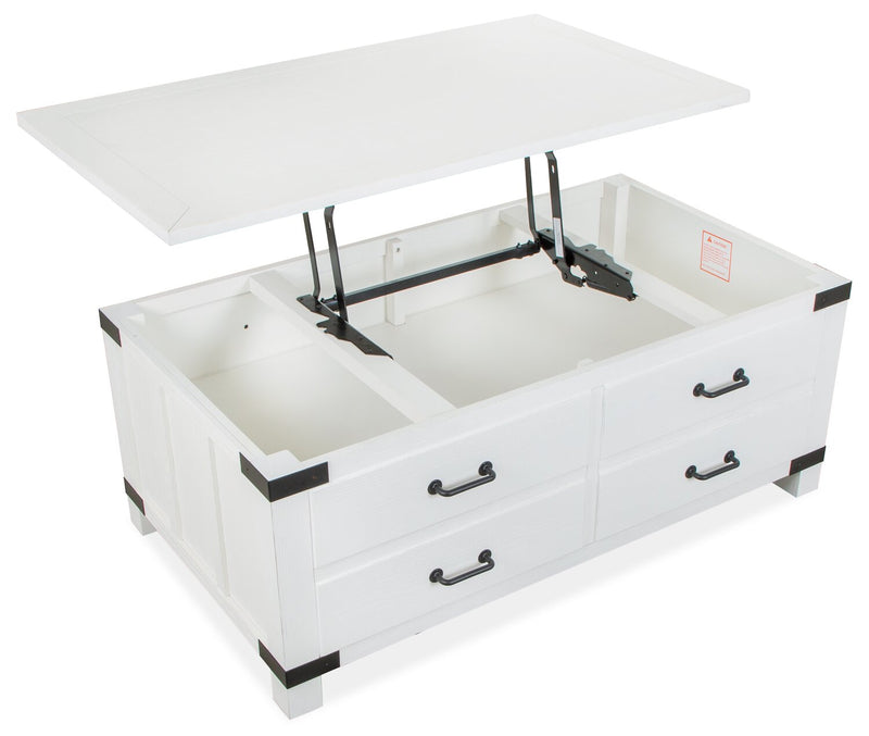 Table à café moderne Harper de 50 po avec dessus relevable, rangement et roulettes - pin blanc