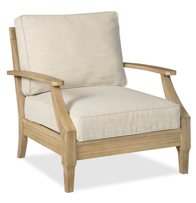 Fauteuil Juno pour la terrasse à l’extérieur - eucalyptus et tissu Nuvella, résistante aux rayons UV et aux intempéries - naturelle et beige