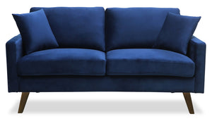 Causeuse Joelle de 57 po en tissu de velours avec accoudoirs rectilignes et pattes en bois - bleue